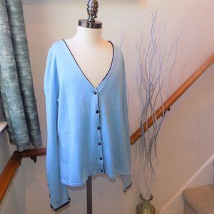 IRKA Sky Blue & Black Trim Cardigan Sweater Size Large